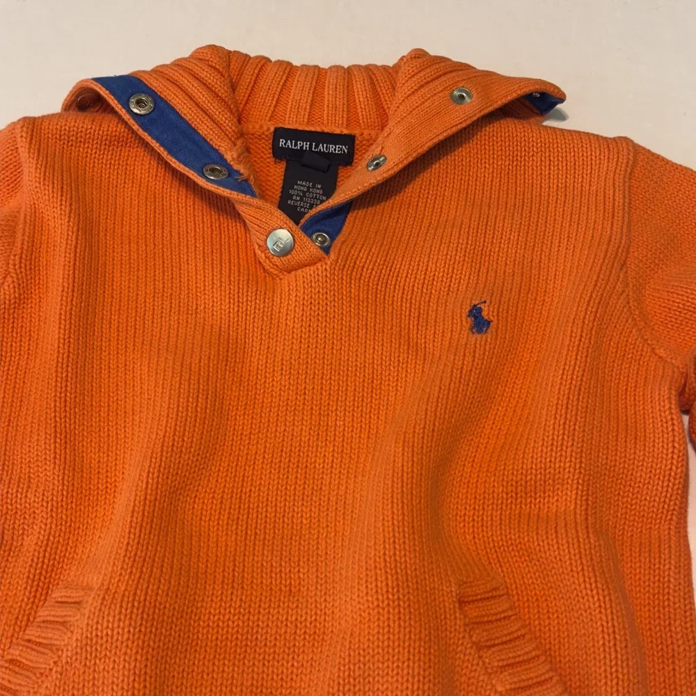 Ralph Lauren Sweater Orange Snap Neck Knit Pony Logo M Youth Preppy Cotton